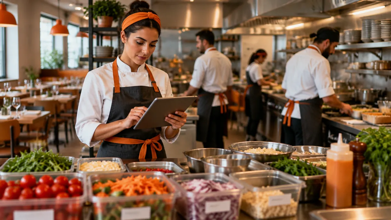 Equipe organiza ingredientes e estação de preparo com apoio de um tablet antes do pico de pedidos