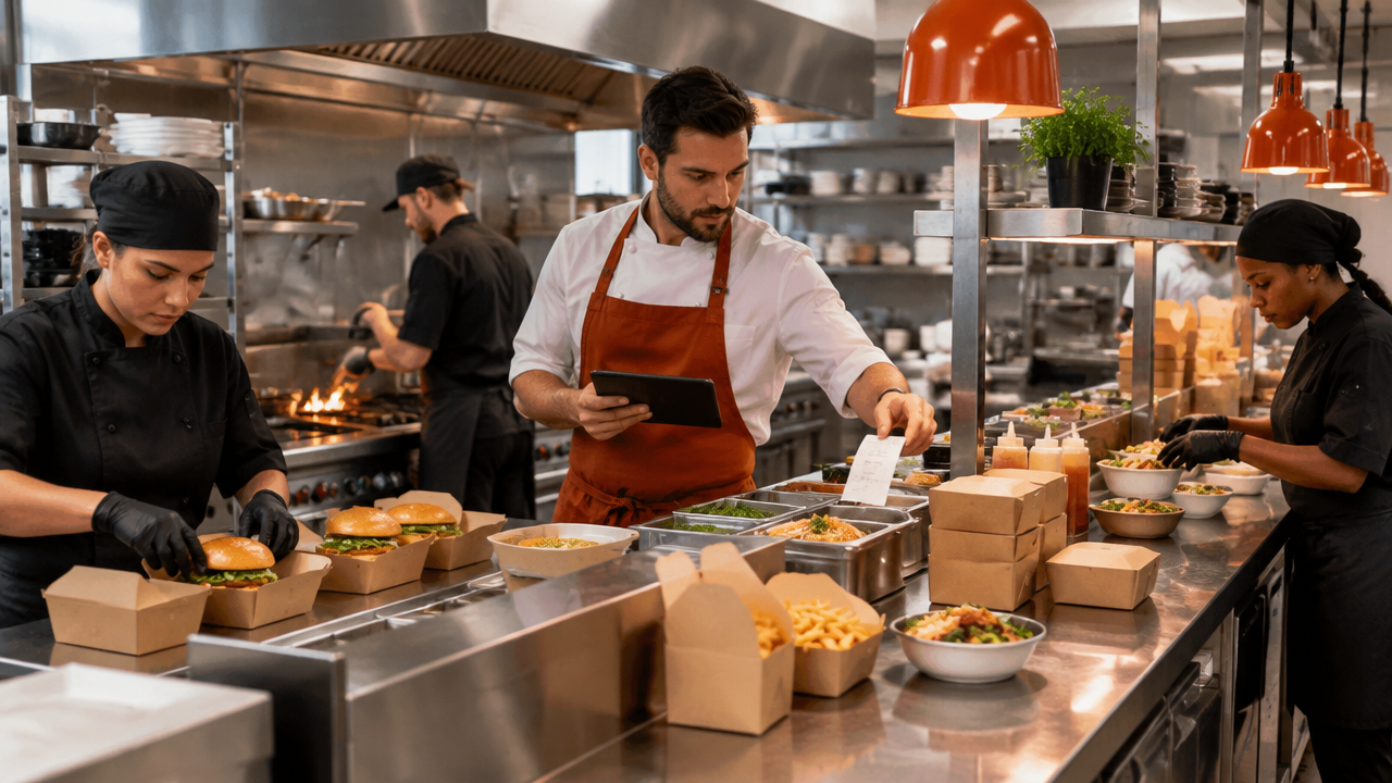 Equipe organiza pedidos de diferentes marcas em uma cozinha profissional de delivery