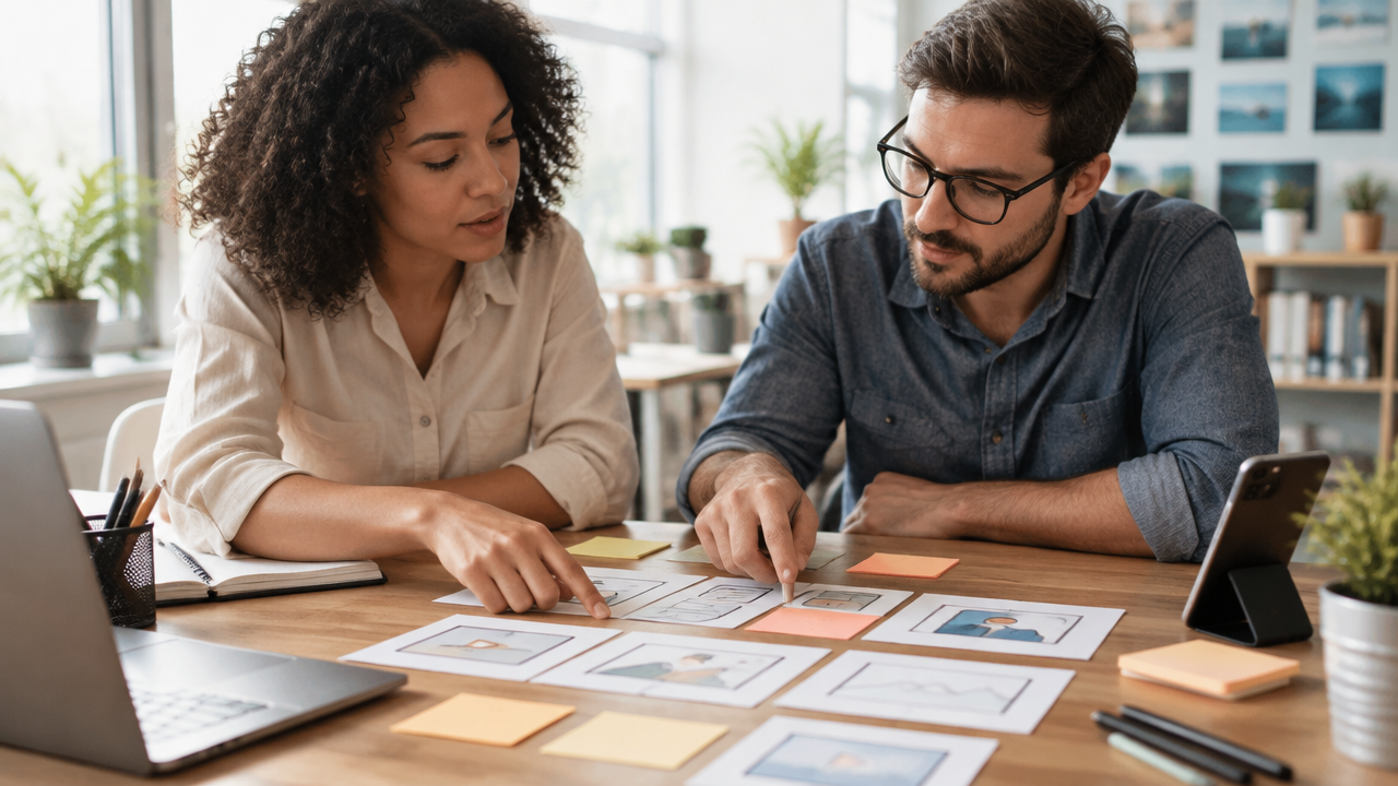 Team organizes storyboard and message for a corporate video aimed at social media