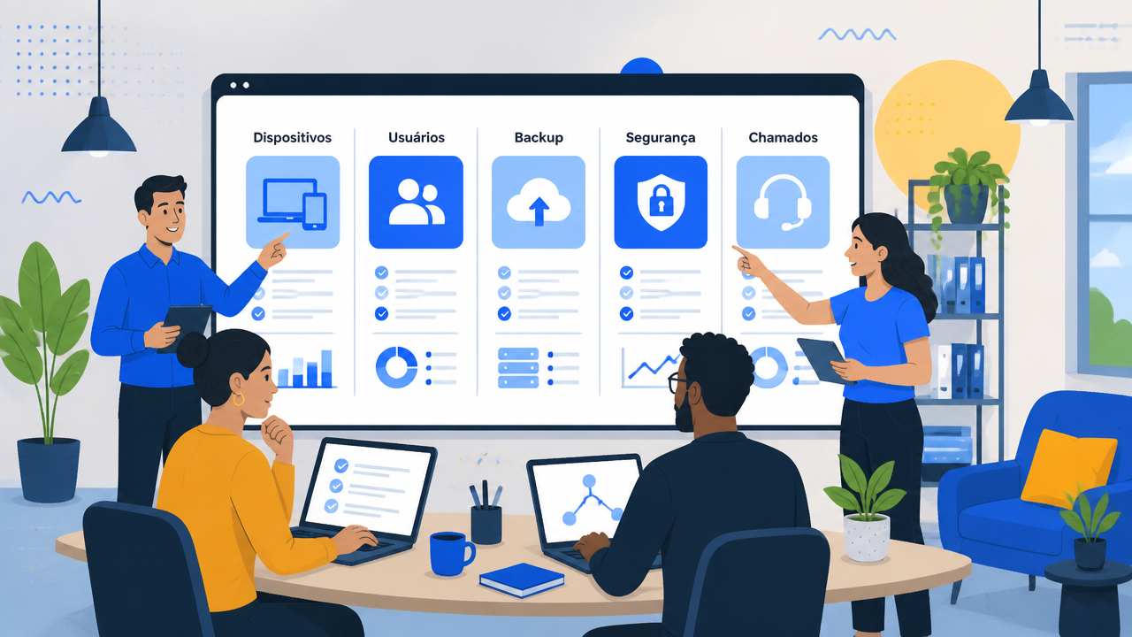 Equipe organizando a tecnologia da empresa com painel de ativos, backup e segurança em um escritório