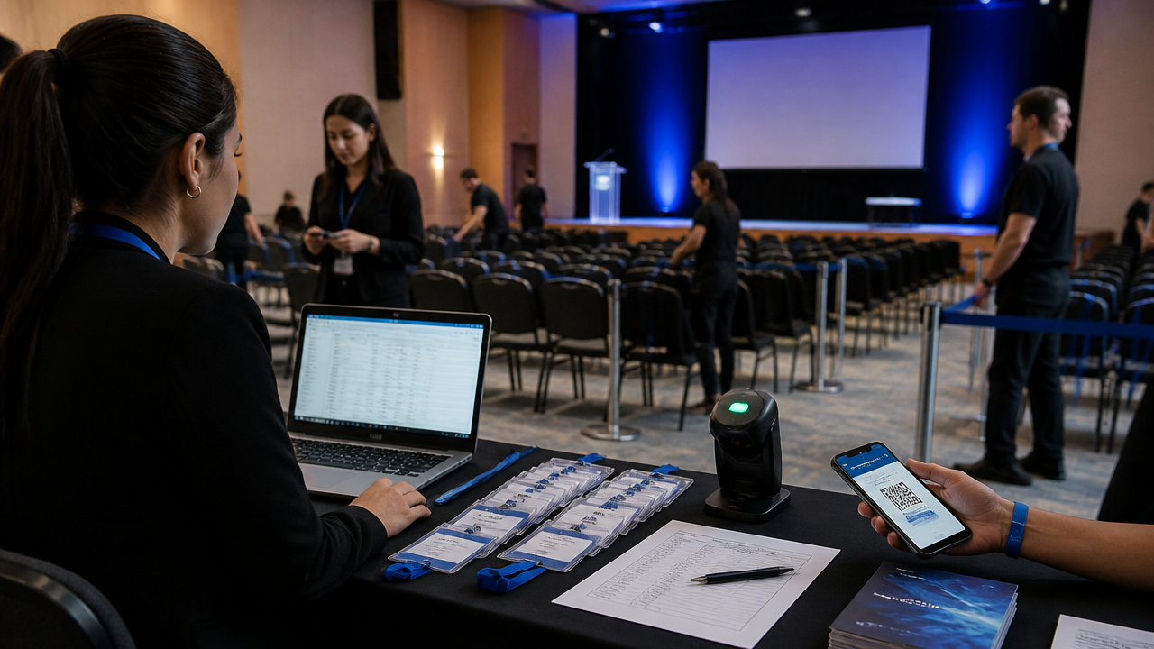 Equipe organizando palestra em auditório com credenciamento e controle de ingressos digitais
