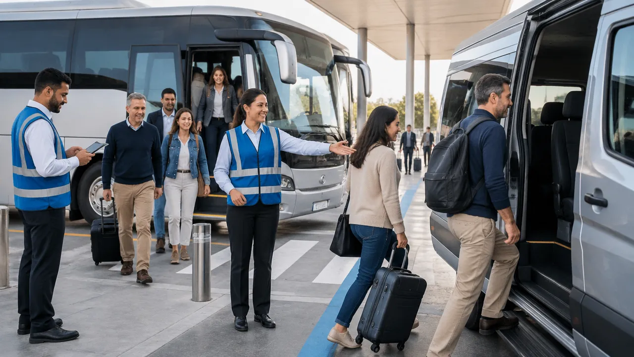 Equipe orientando passageiros durante a transferência organizada entre um ônibus e uma van