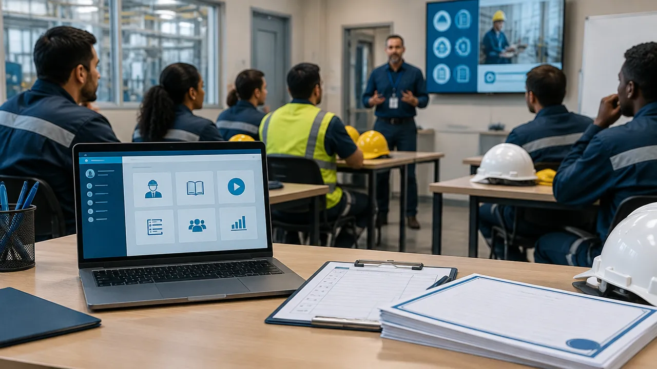 Equipe participa de treinamento de segurança em sala corporativa, com registros de presença organizados em primeiro plano.