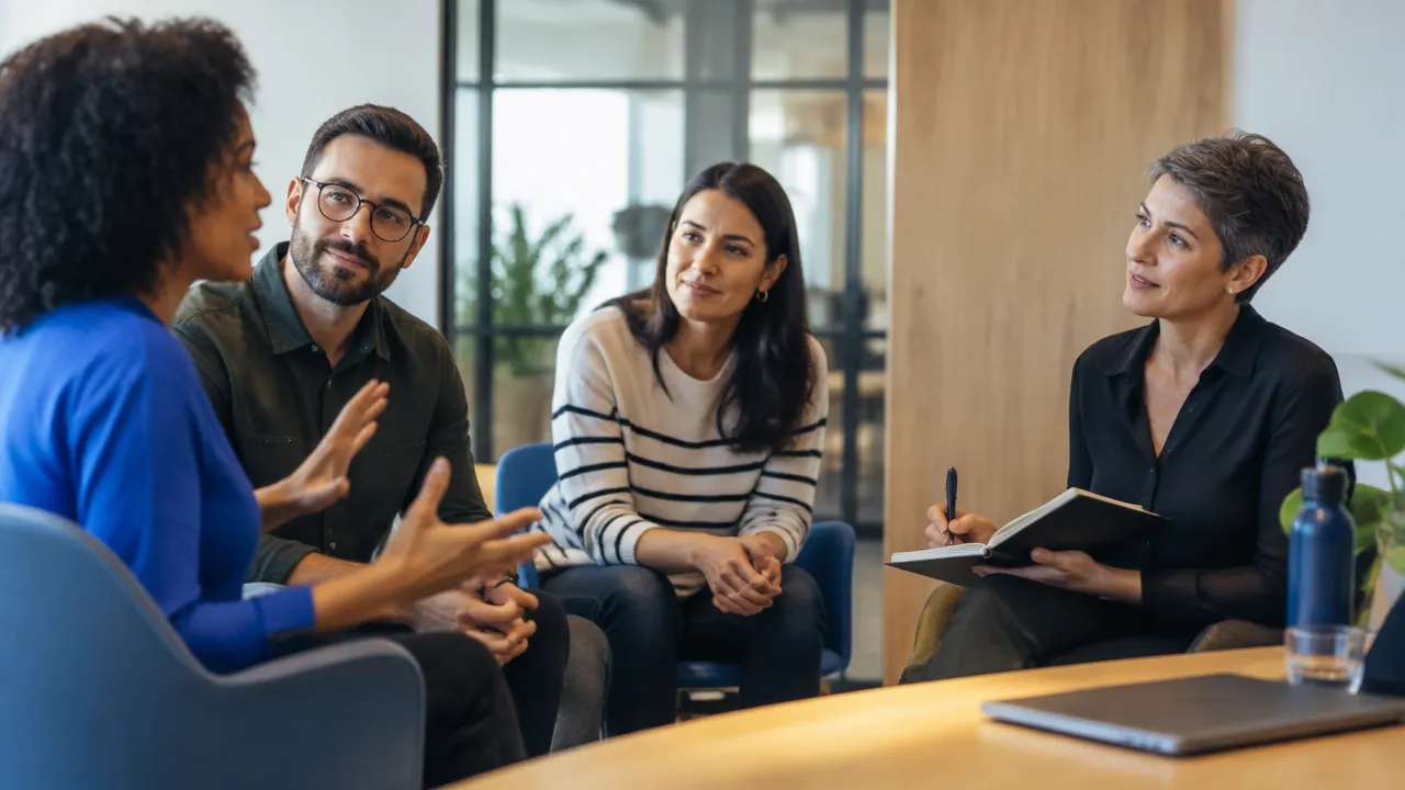 Equipe participa de uma conversa de escuta para identificar padrões de comunicação e confiança no trabalho.