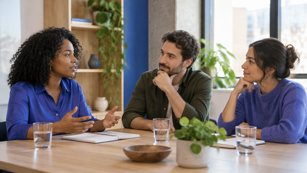 Equipe participa de uma conversa respeitosa em uma reunião de trabalho