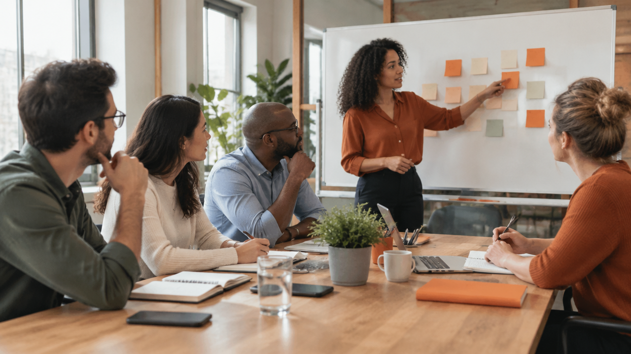 Equipe participando de uma retrospectiva colaborativa para conversar sobre práticas de trabalho