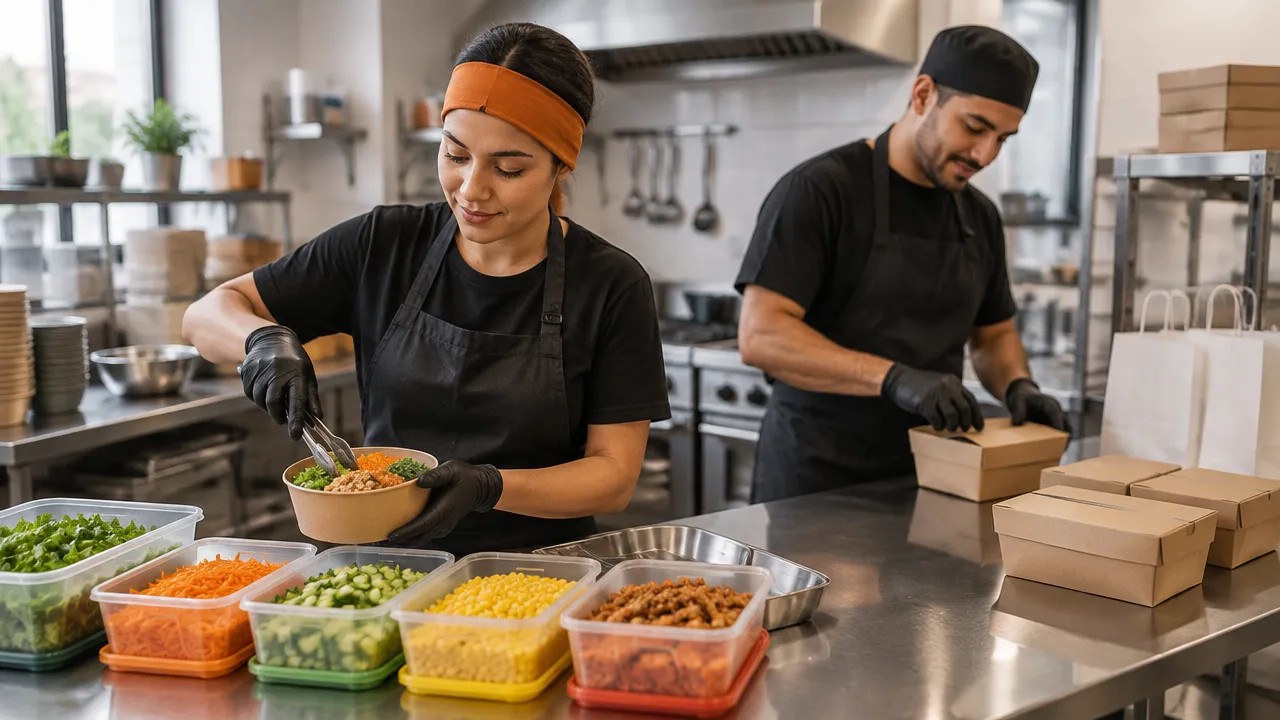 Equipe pequena padroniza o preparo e a embalagem de pedidos em uma cozinha de delivery organizada