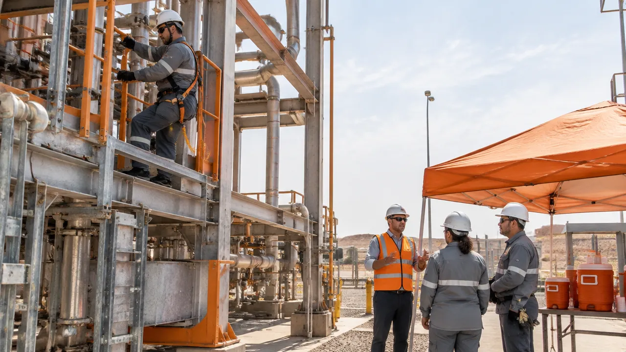 Equipe planeja uma atividade de manutenção em altura com proteção contra quedas, pausa para recuperação térmica e hidratação.