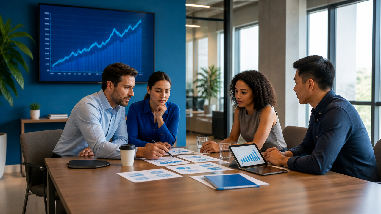 Equipe planejando crescimento da empresa com relatórios financeiros e projeções de caixa