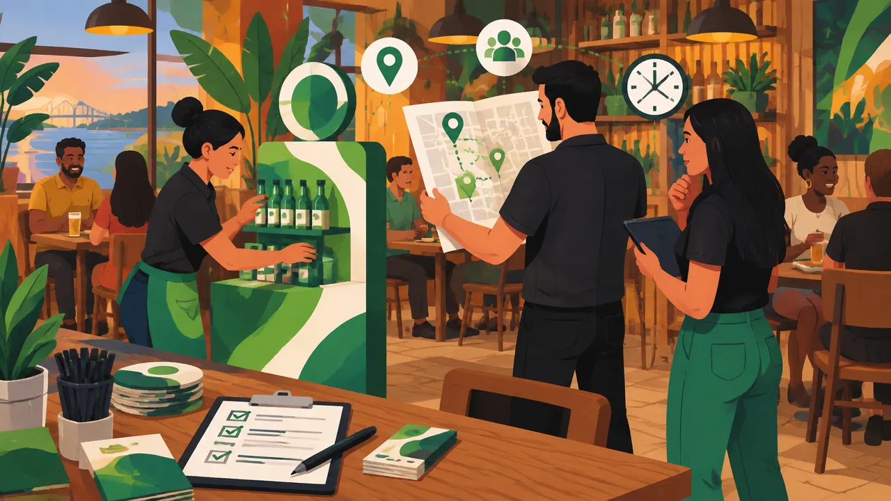 Equipe planejando uma ativação física em um estabelecimento, com público e materiais de campanha no local