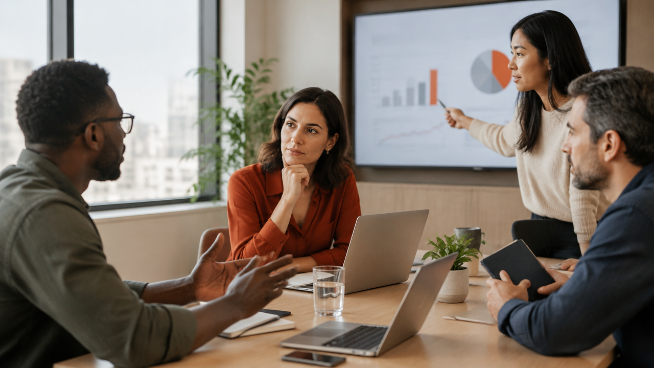 Equipe profissional conversa sobre prioridades diferentes durante uma reunião de planejamento empresarial