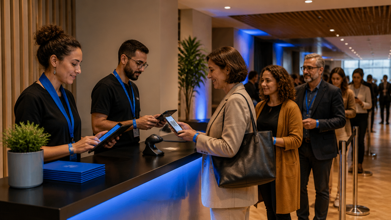 Equipe realizando o credenciamento na entrada de um evento com fila organizada e validação por QR code