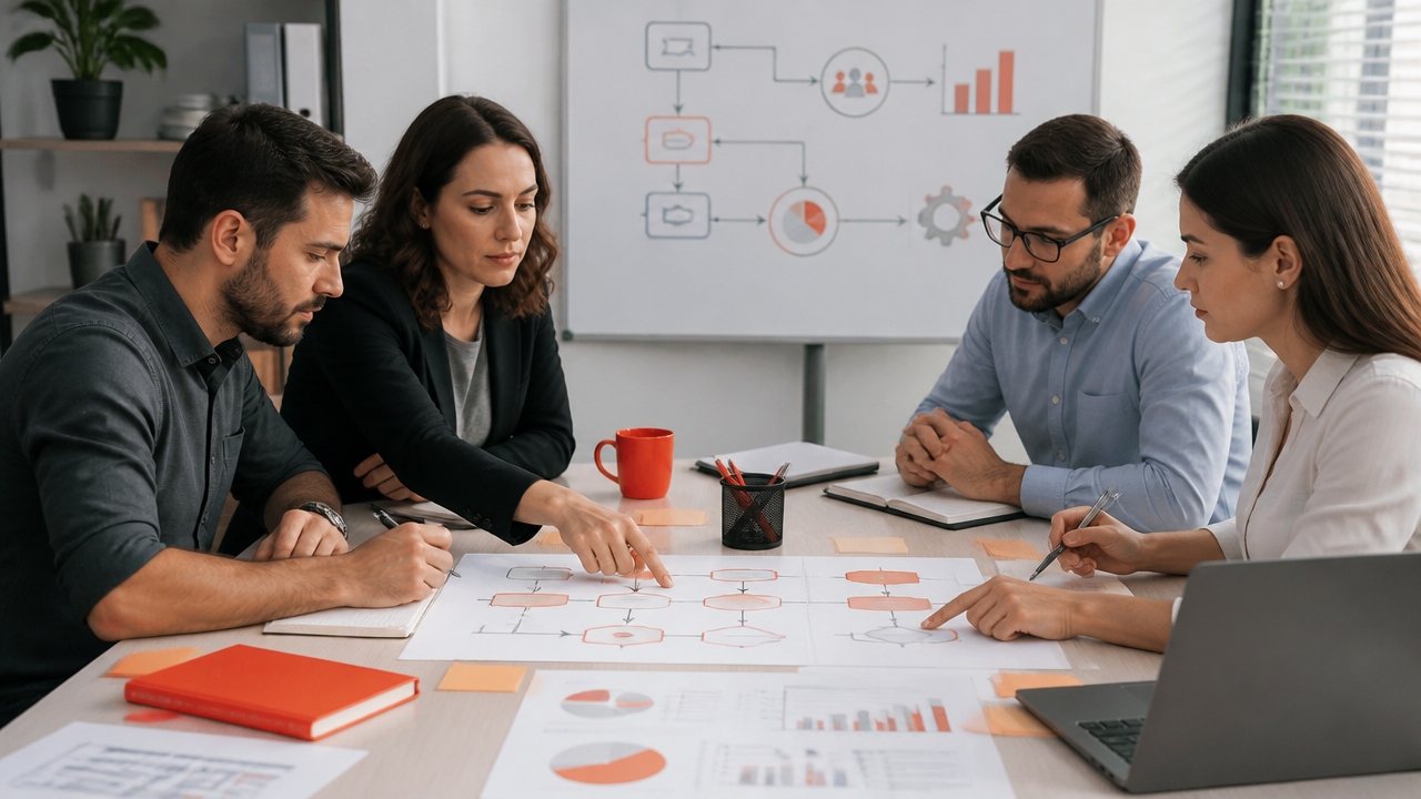 Equipe reunida mapeando processos e responsabilidades em uma pequena empresa