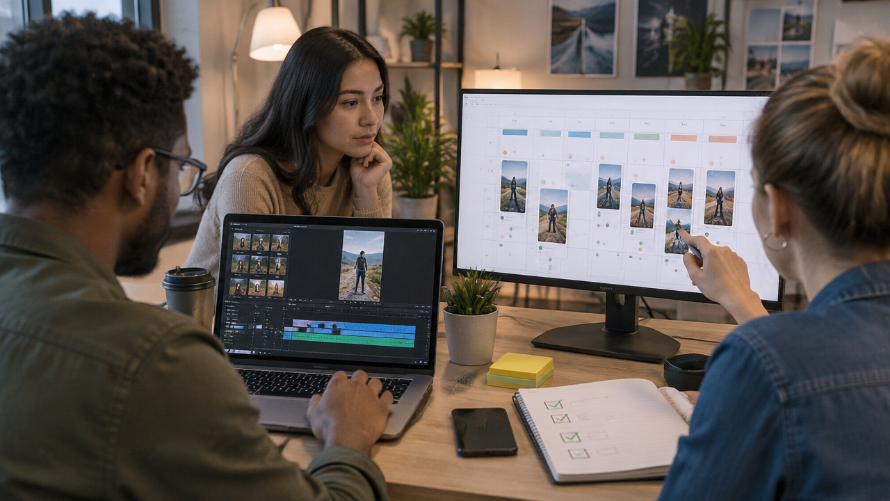 Team reviews clips and organizes a weekly publication calendar before approving the schedule