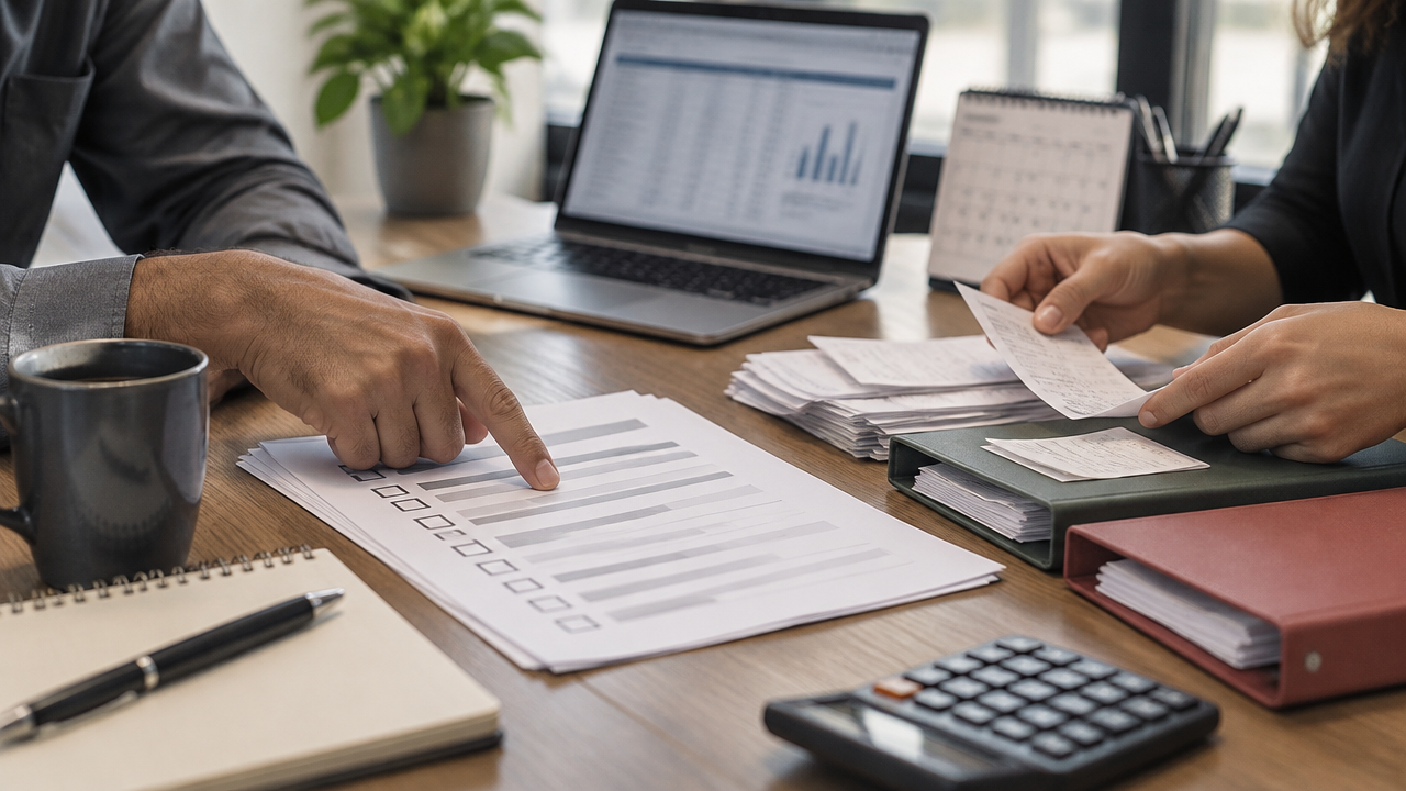 Equipe revisa uma lista de verificação e organiza comprovantes para documentar uma rotina financeira
