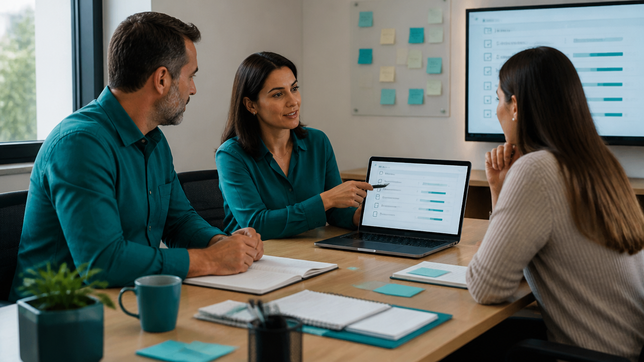 Equipe revisando checklist de implantação de sistema para operação financeira