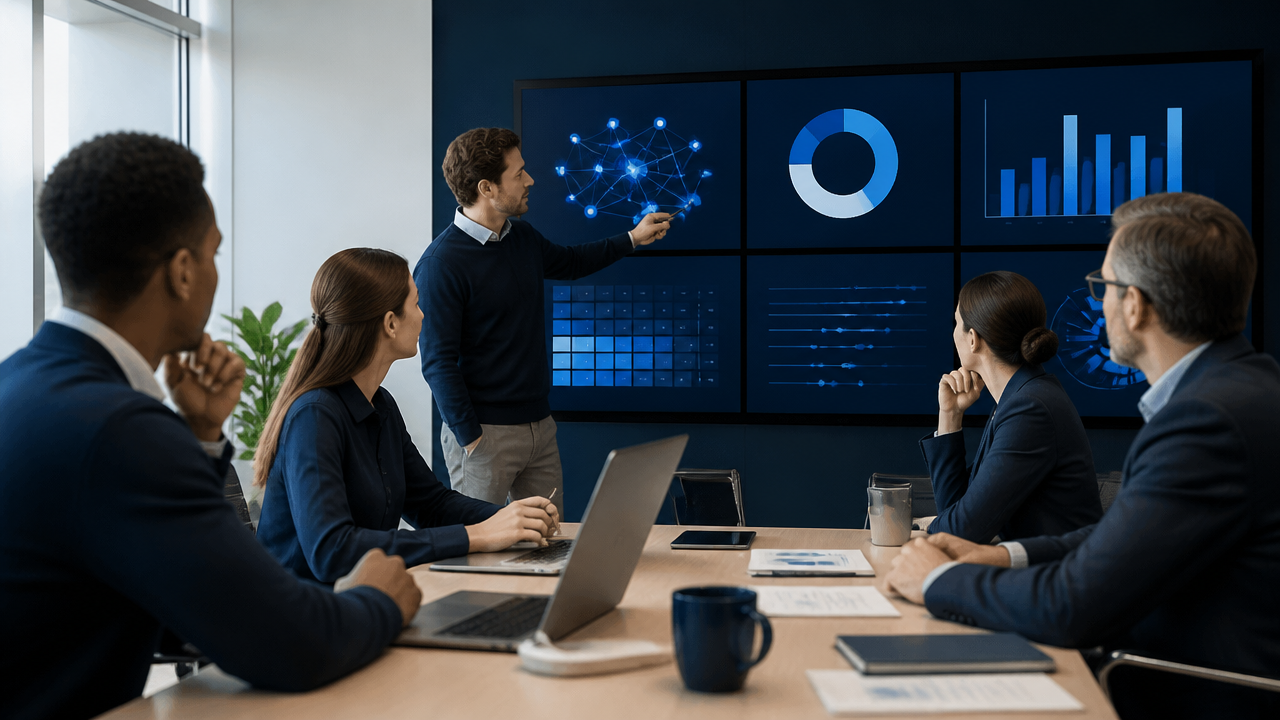 Equipe revisando descoberta de ativos, vulnerabilidades e acessos em painel de segurança com IA