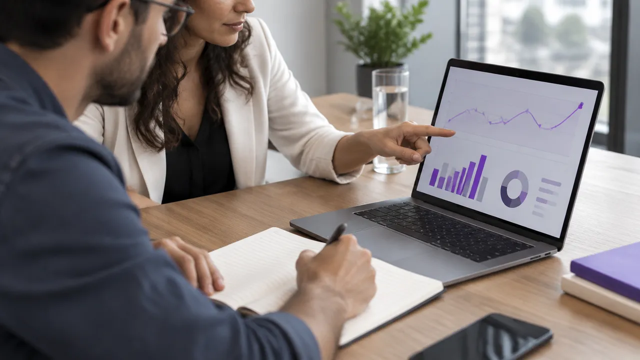 Equipe revisando métricas de campanha e anotando resultados em uma reunião