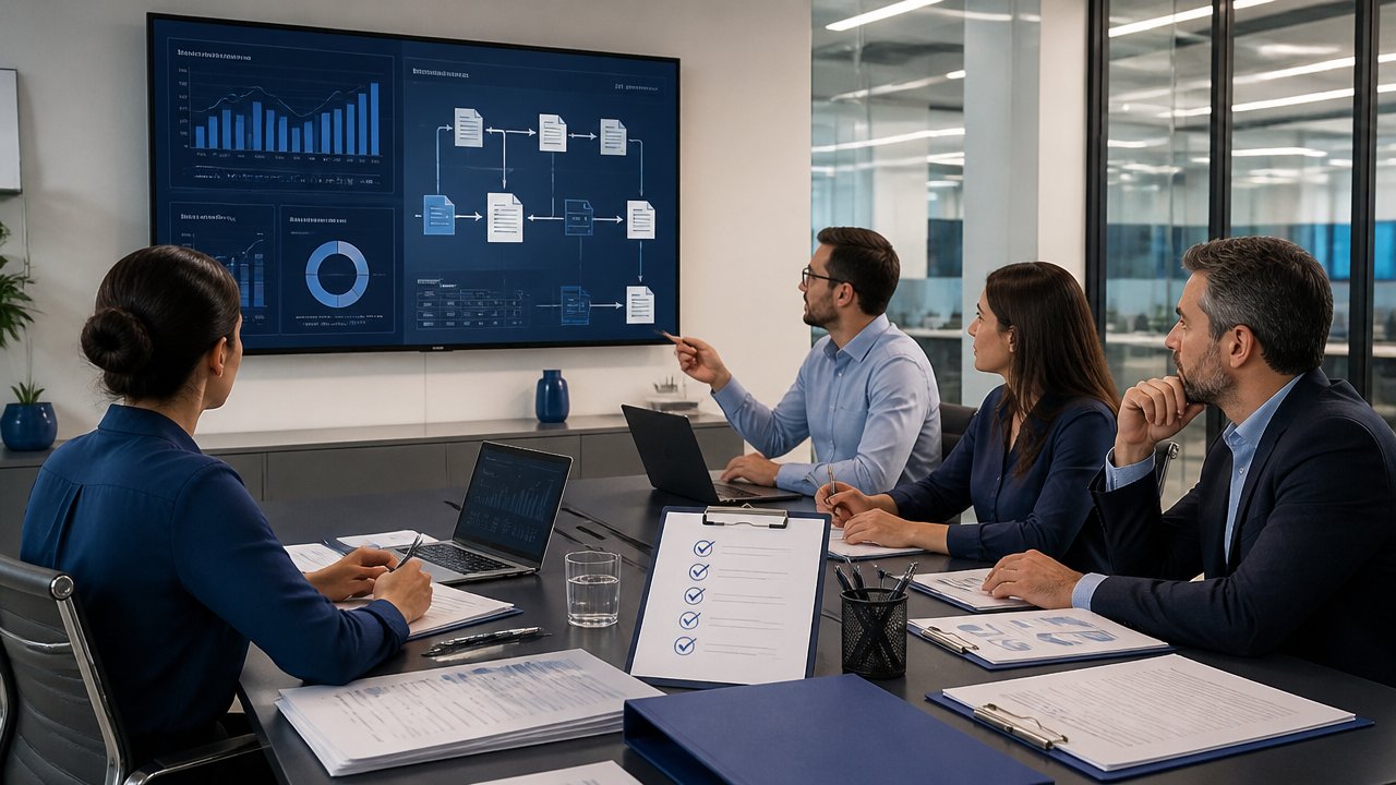 Equipe revisando sistemas e rotinas de compliance para adaptar a emissão de documentos fiscais eletrônicos.