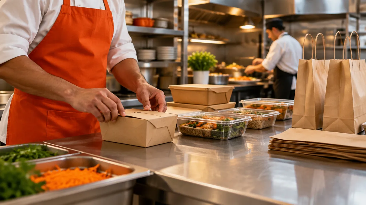 Equipe separa pratos e embalagens neutras na área de expedição de uma cozinha de delivery