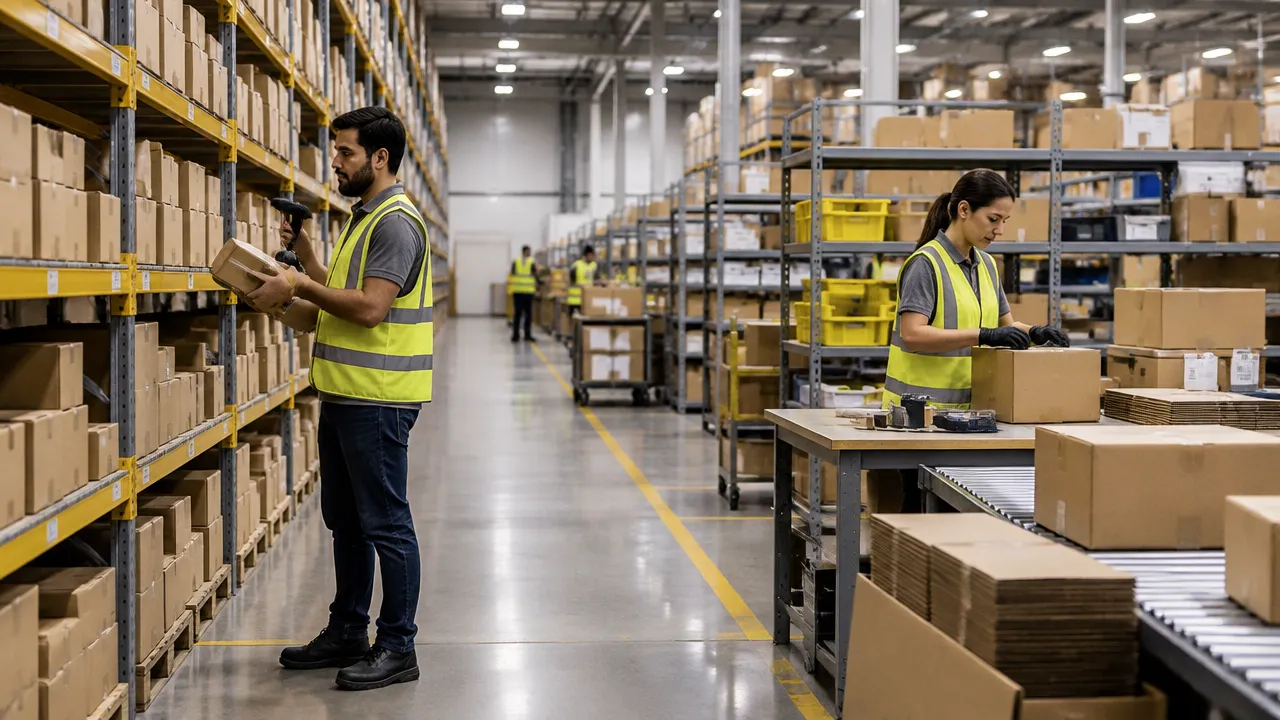 Equipe separando e conferindo pedidos em um centro de distribuição organizado