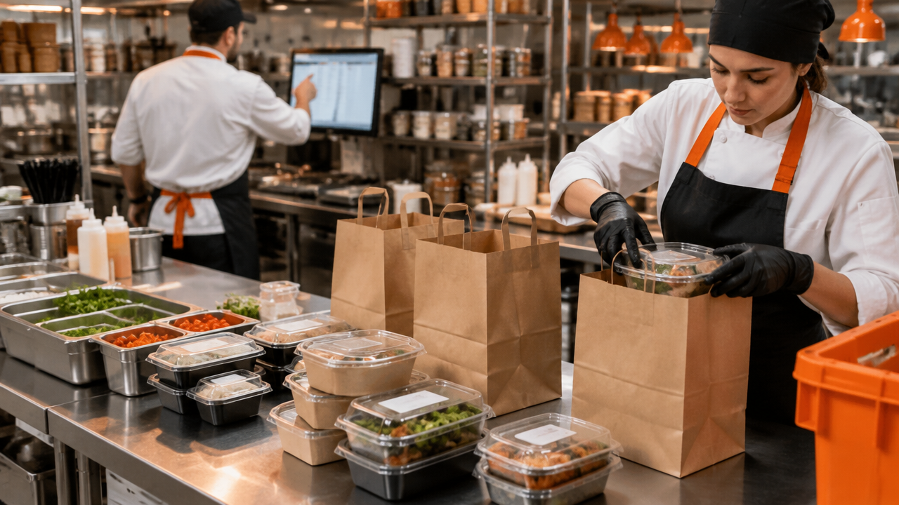 Equipe separando pedidos e organizando embalagens em uma cozinha de delivery
