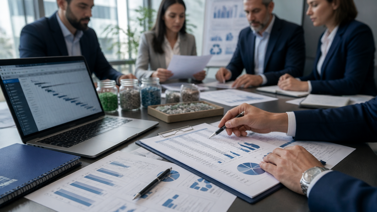 Equipe técnica analisando documentos e orçamento de projeto da Lei de Incentivo à Reciclagem em reunião corporativa