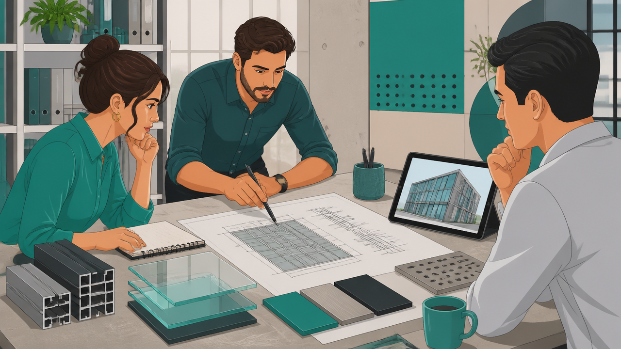 Equipe técnica avaliando projeto de fachada com amostras de ACM, alumínio e vidro.