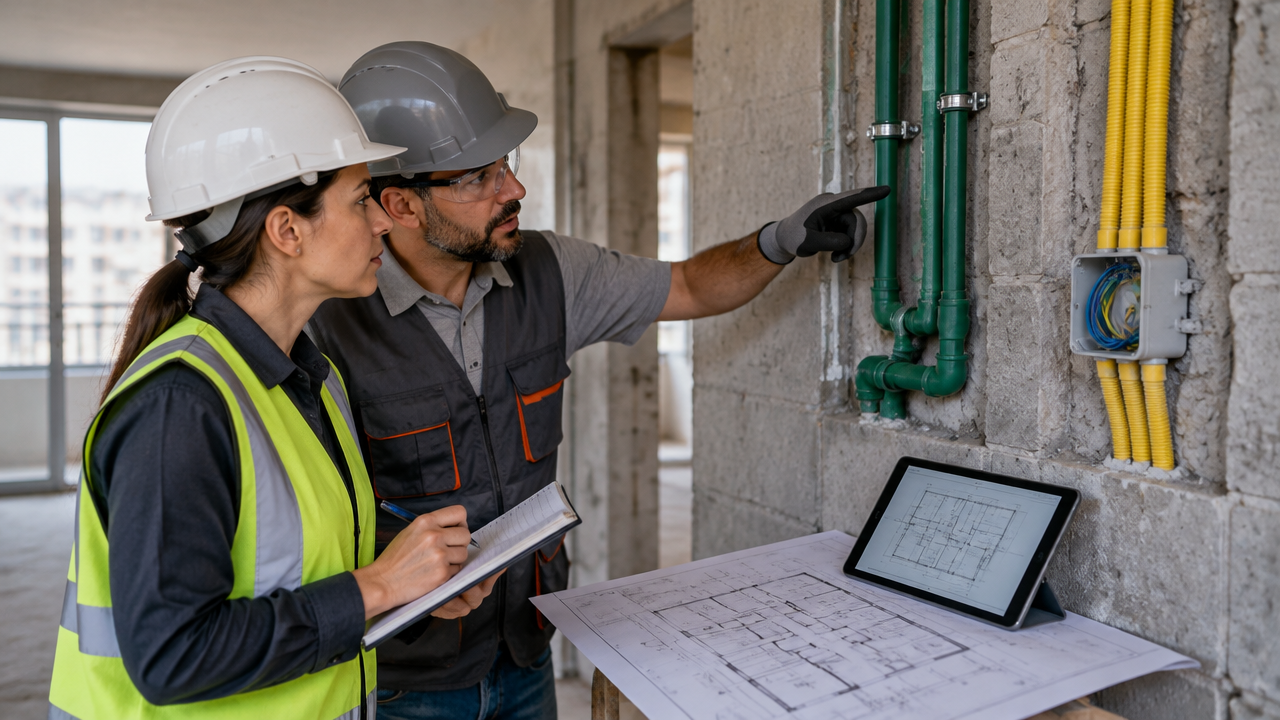 Equipe técnica compara a planta da edificação com as instalações executadas para registrar alterações do projeto