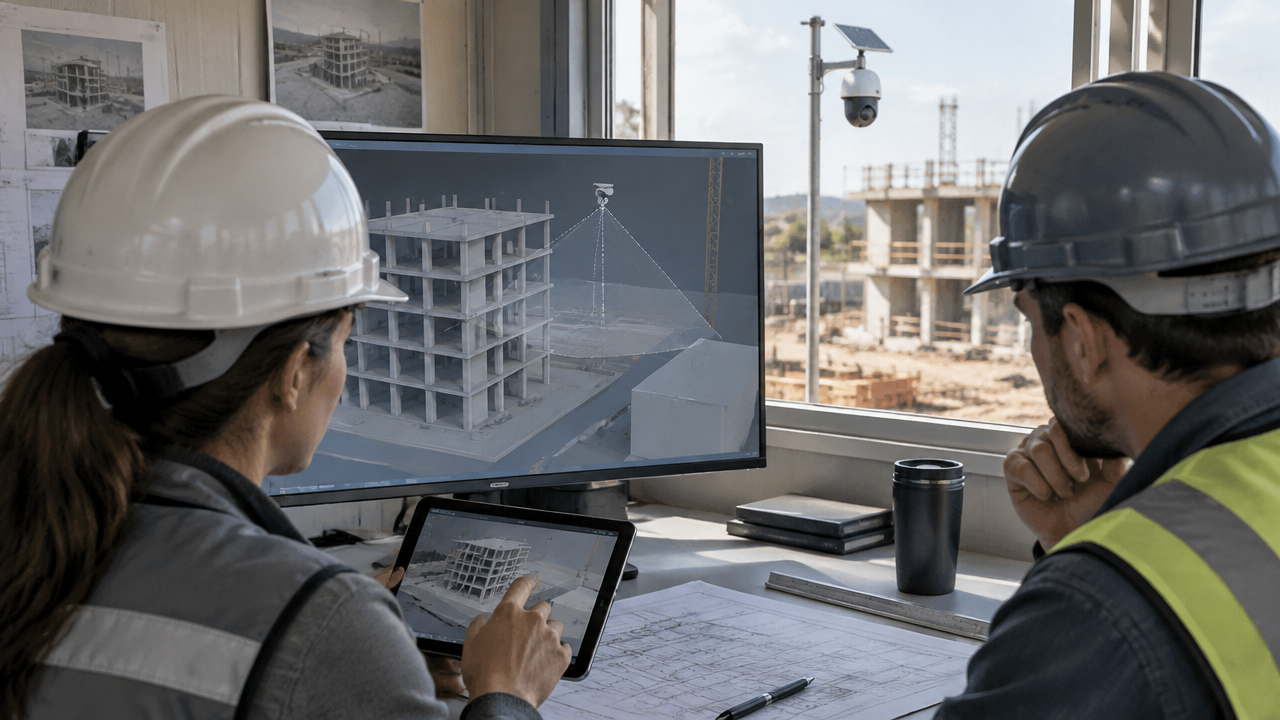 Equipe técnica confere coordenadas da câmera PTZ no modelo BIM com o canteiro visível ao fundo