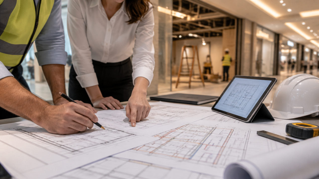 Equipe técnica confere plantas de arquitetura e instalações antes da obra em shopping