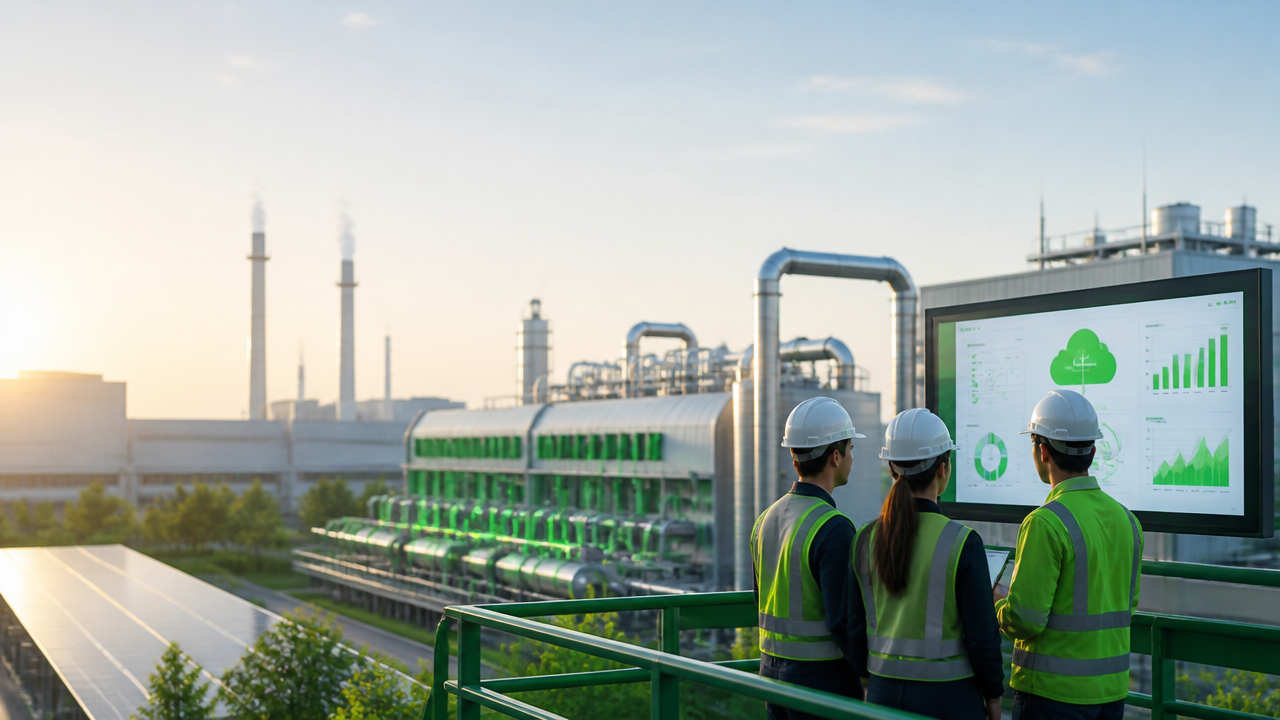 Equipe técnica em ambiente industrial moderno analisando emissões de carbono e indicadores ambientais.