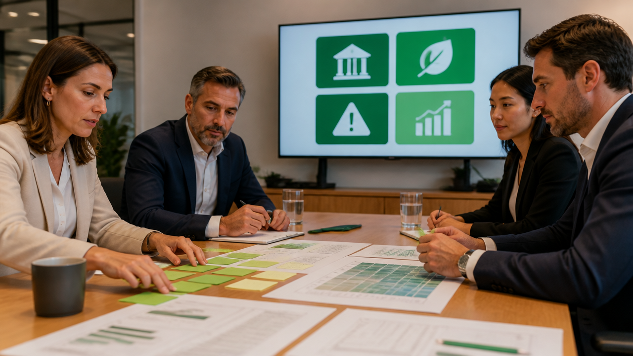 Equipe técnica organizando matriz de riscos e métricas para implementar relatórios de sustentabilidade
