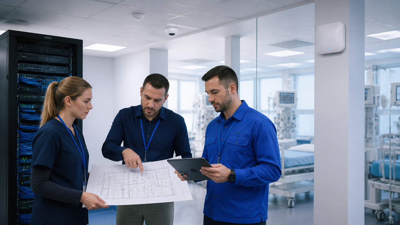 Equipe técnica validando cobertura de rede e sensores em ambiente hospitalar