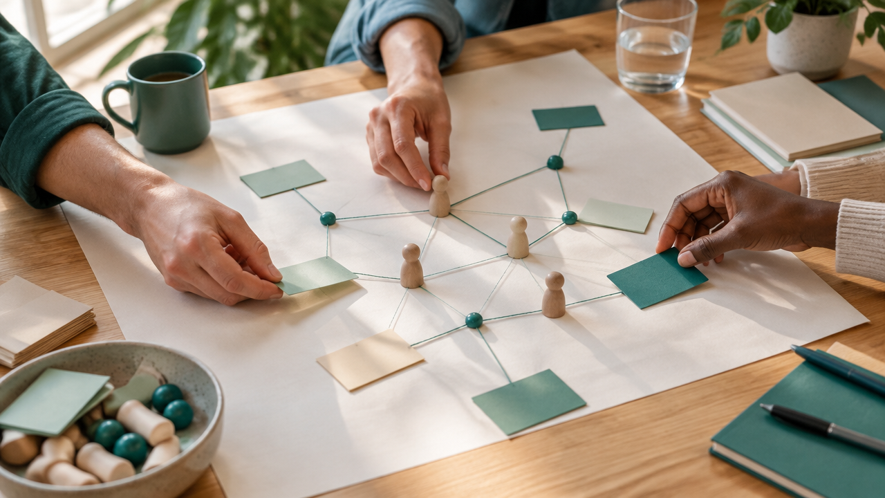 Equipe testa pequenas possibilidades com cartões e conexões sobre uma mesa, ilustrando decisões adaptáveis.