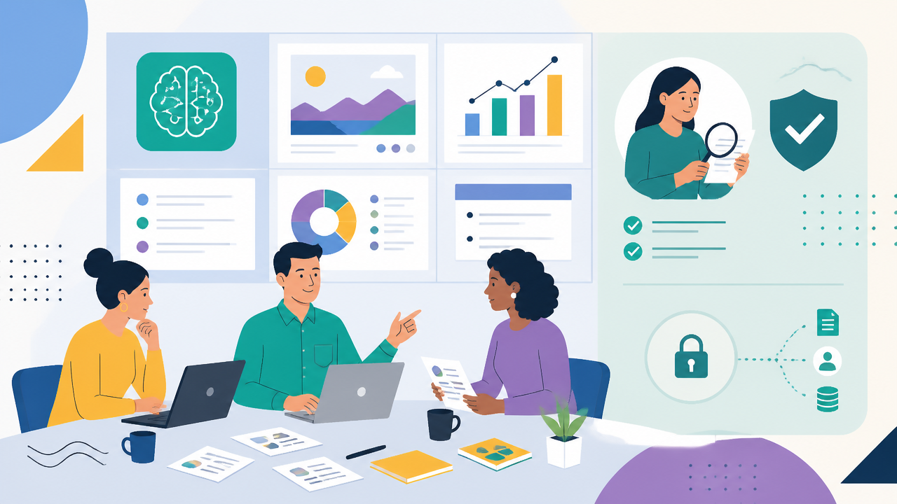 Equipe usando inteligência artificial em tarefas de texto, imagem e produtividade, com revisão humana destacada.