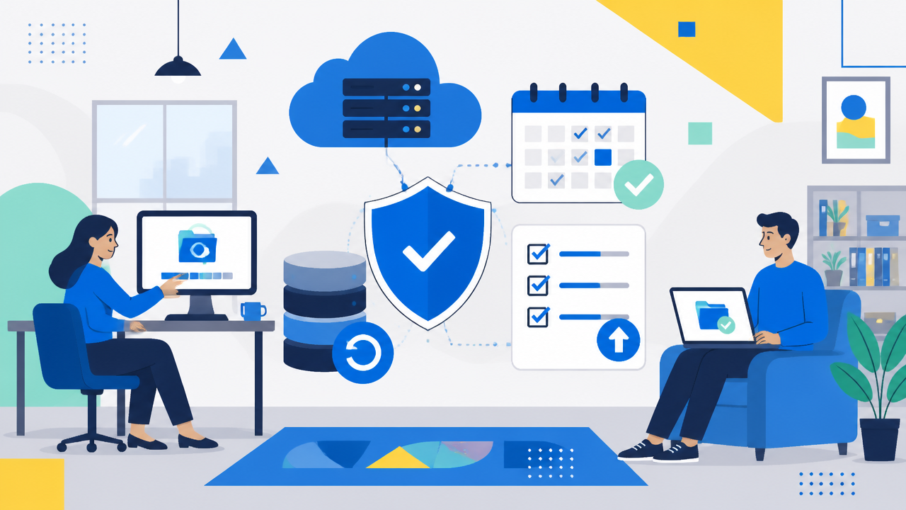 Equipe verificando backup, restauração de arquivos e atualizações de sistemas