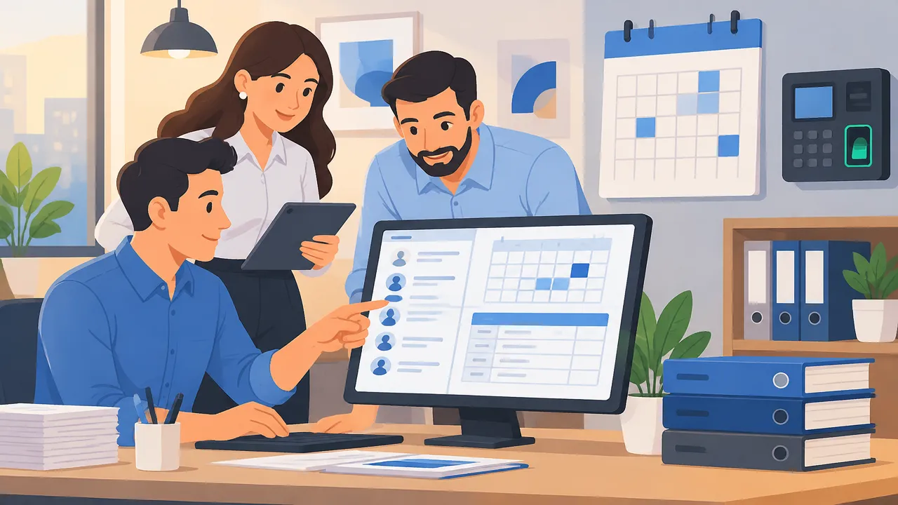 Equipo administrativo organiza registros laborales digitales, nómina y control de asistencia para cumplir obligaciones de 2026