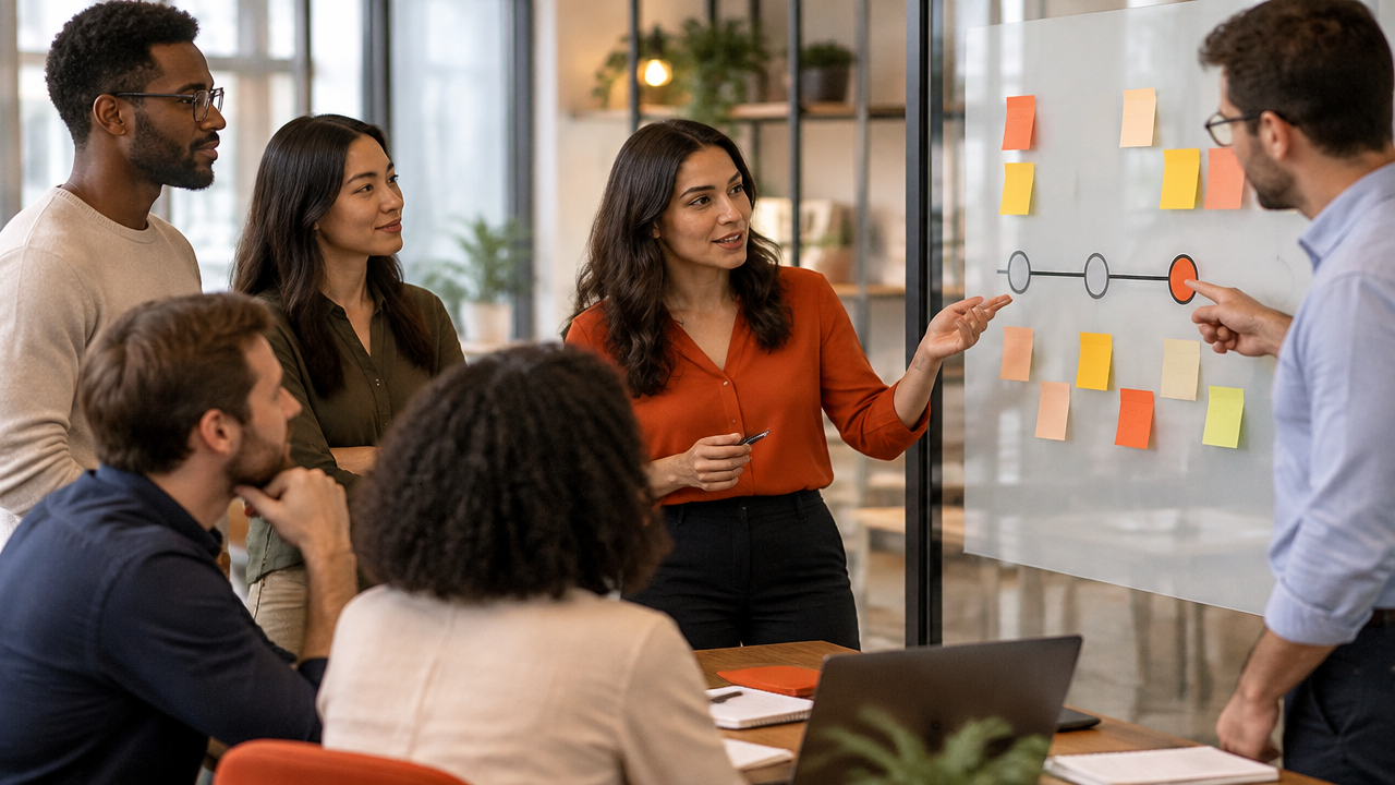Equipo colaborativo organiza las etapas de una transformación en un tablero durante una sesión de trabajo
