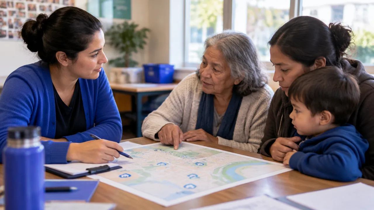 Equipo comunitario consulta a residentes vulnerables para acordar prioridades de protección climática.