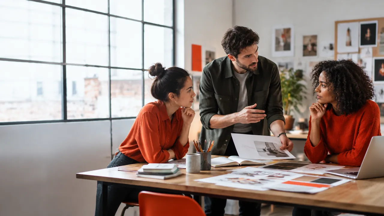 Equipo creativo conversa sobre distintas ideas con una facilitadora en un estudio luminoso