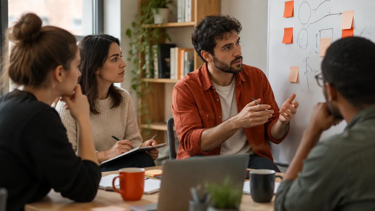 Equipo de startup analiza un resultado adverso en una retrospectiva colaborativa, sin buscar culpables.