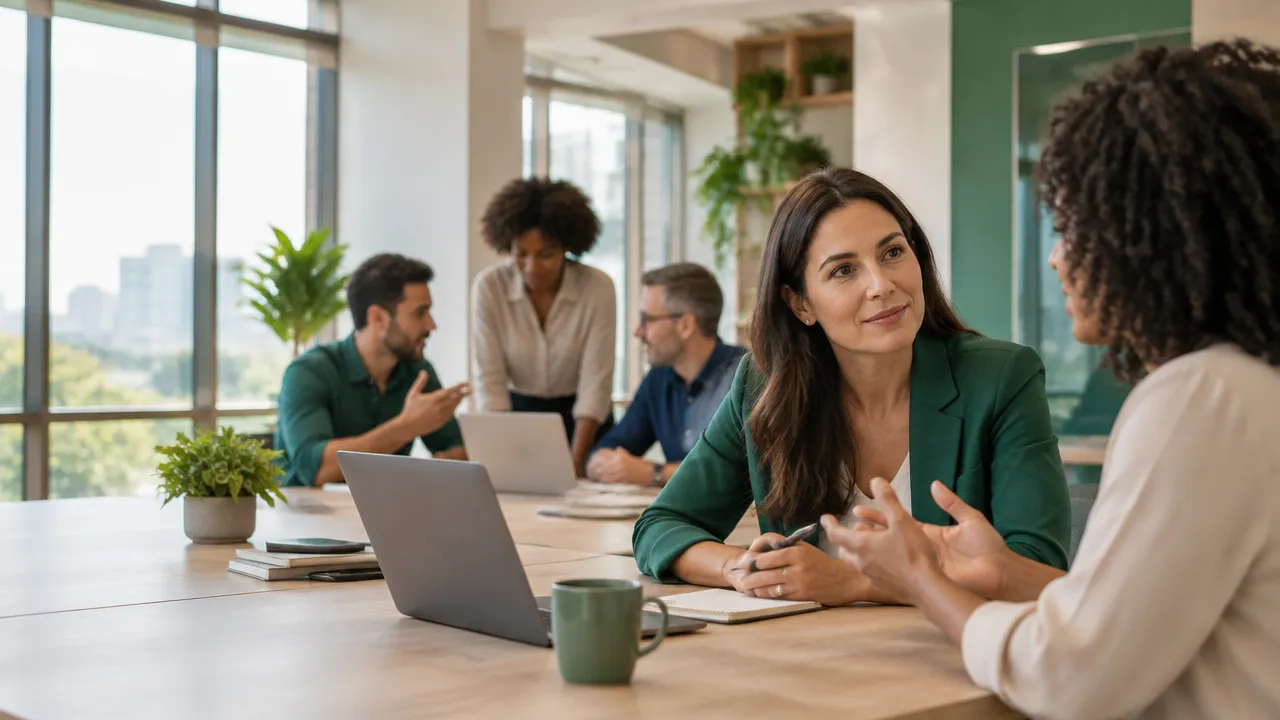 Equipo de trabajo conversando con atención y colaboración en una oficina luminosa