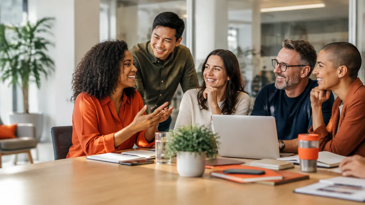 Equipo diverso comparte una risa espontánea y respetuosa durante una conversación de trabajo