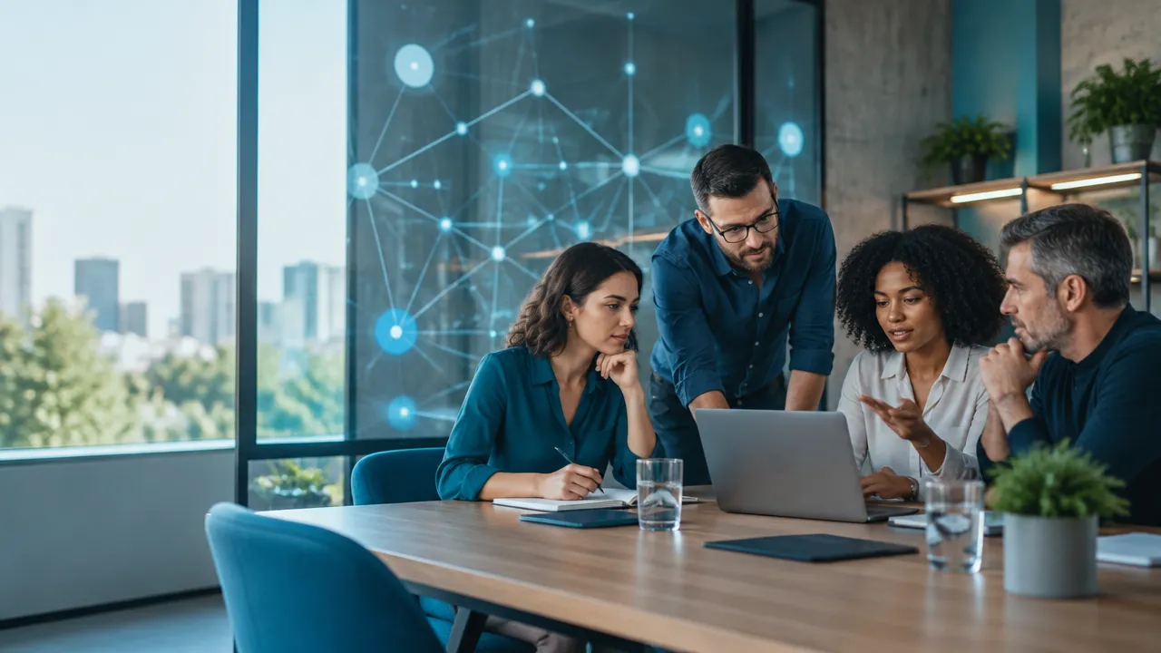 Equipo diverso conversa sobre transparencia y responsabilidad en una red digital distribuida