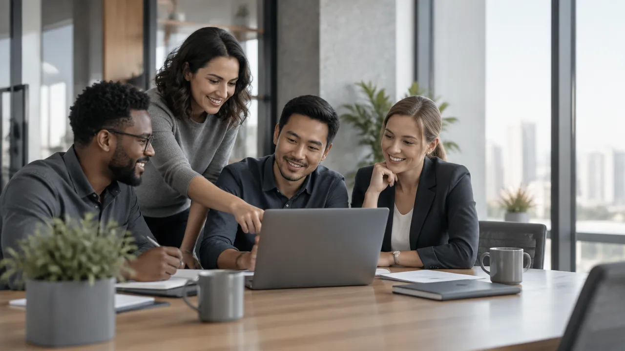 Equipo diverso de profesionales colaborando en una mesa, símbolo de interdependencia y éxito compartido.
