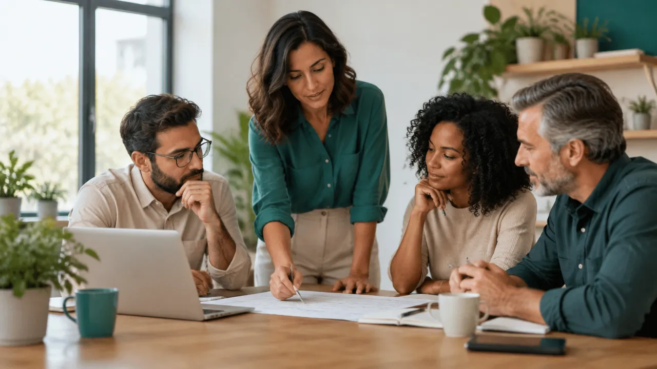 Equipo diverso de una empresa dialoga y planifica decisiones que consideran a las personas y el propósito