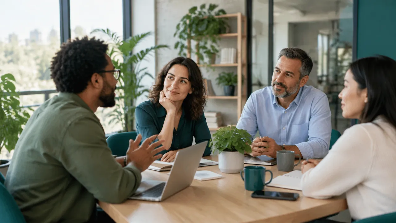 Equipo diverso en una conversación colaborativa que refleja un entorno de trabajo saludable y humano