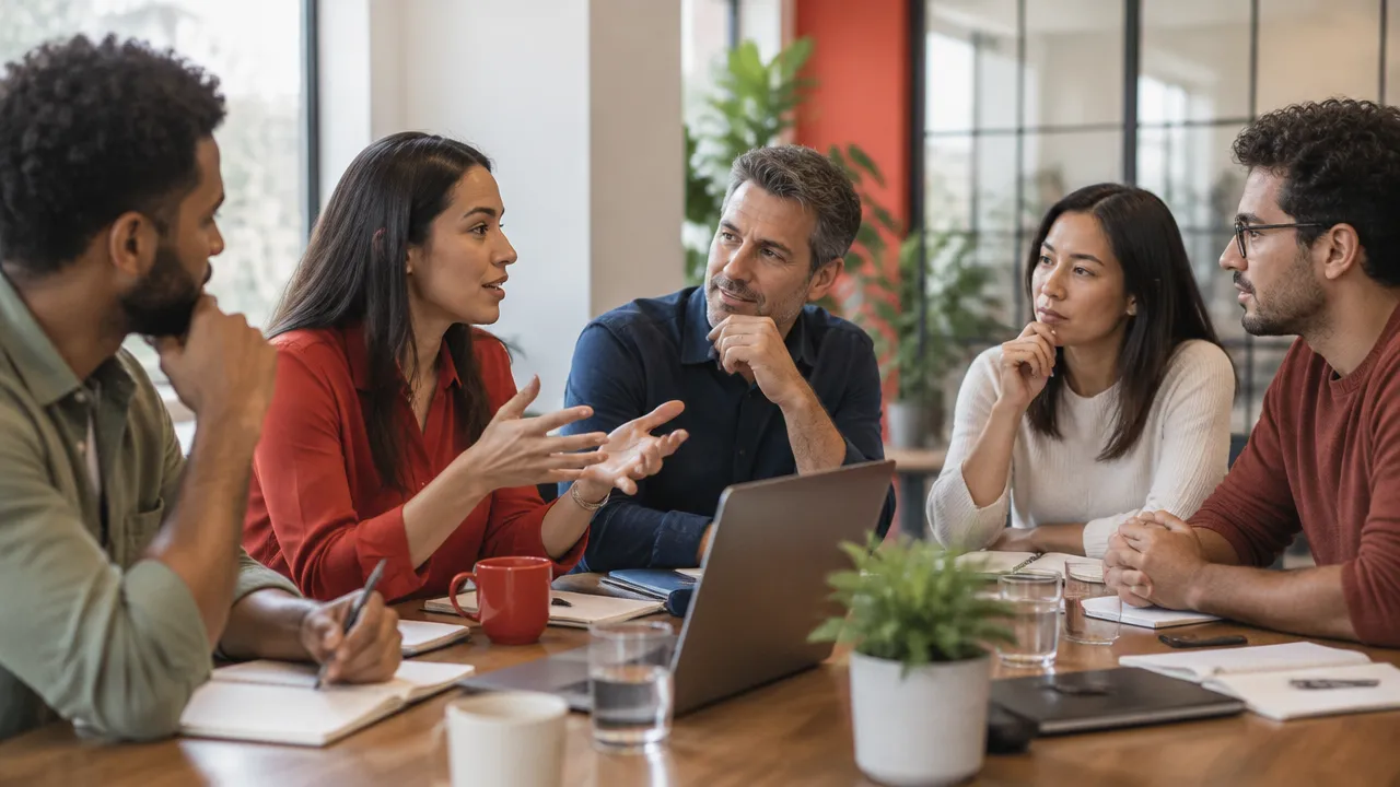 Equipo diverso en una reunión, donde las miradas y las reacciones muestran cómo las normas del grupo influyen en la participación