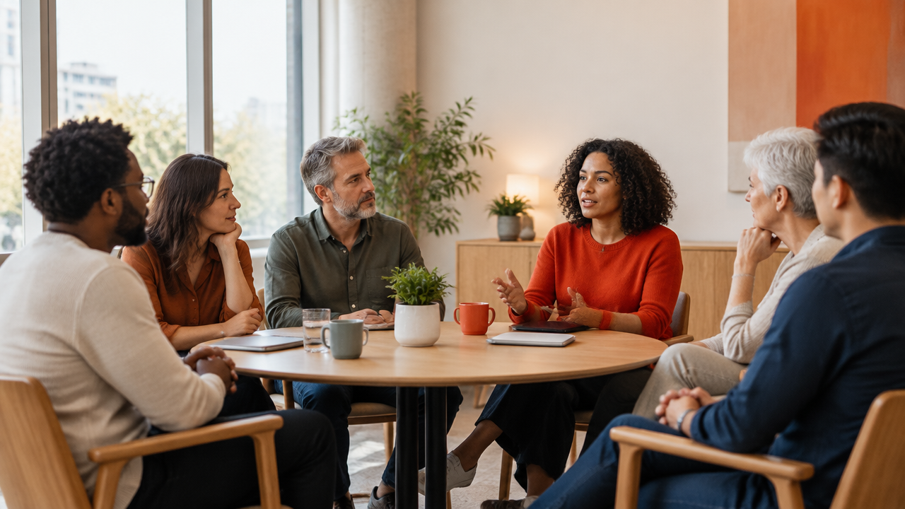 Equipo diverso sentado en círculo durante una reunión de escucha consciente en una oficina luminosa